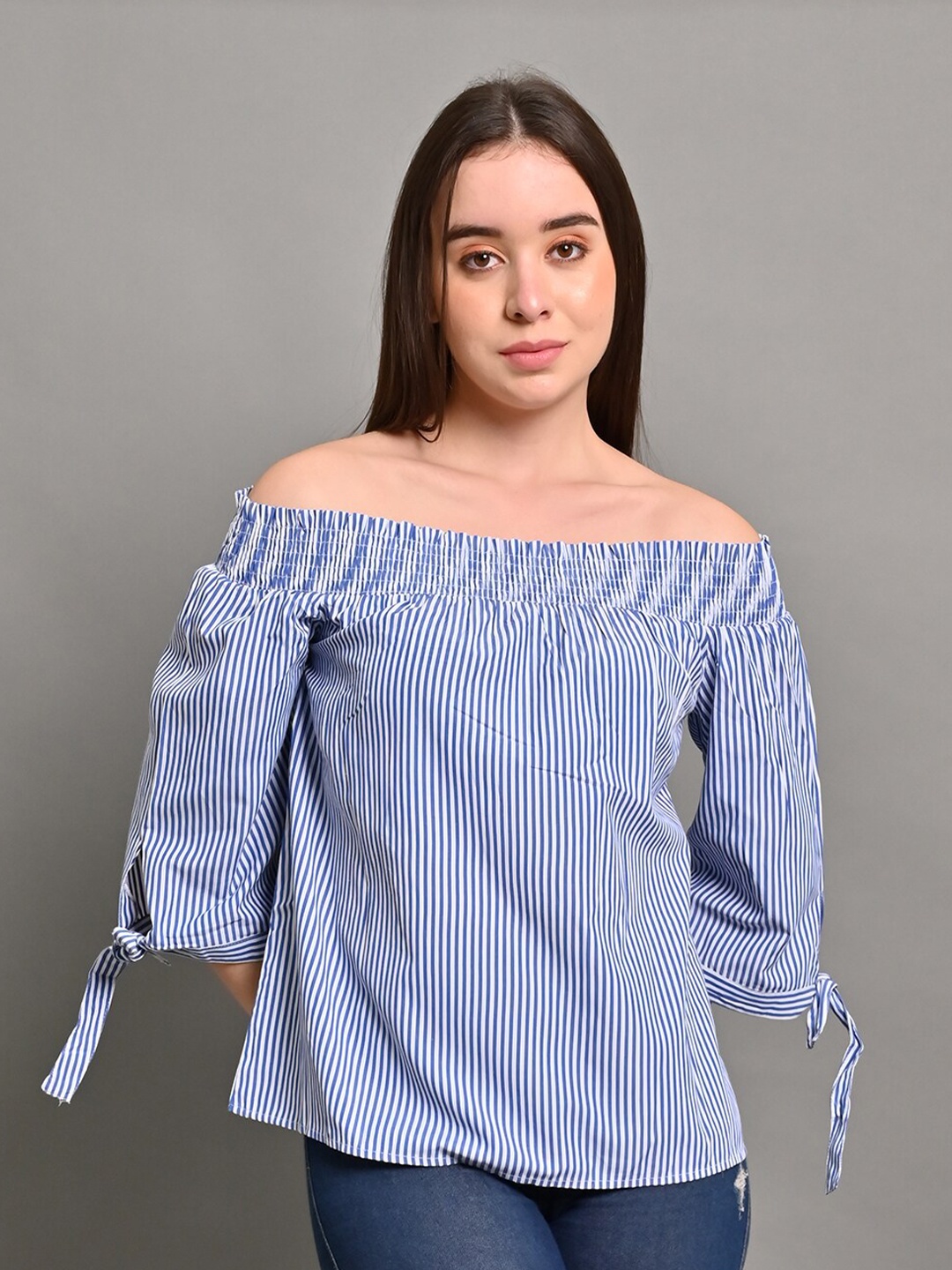 

NoBarr Striped Off-Shoulder Three Quarter Sleeves Bardot Top, Blue