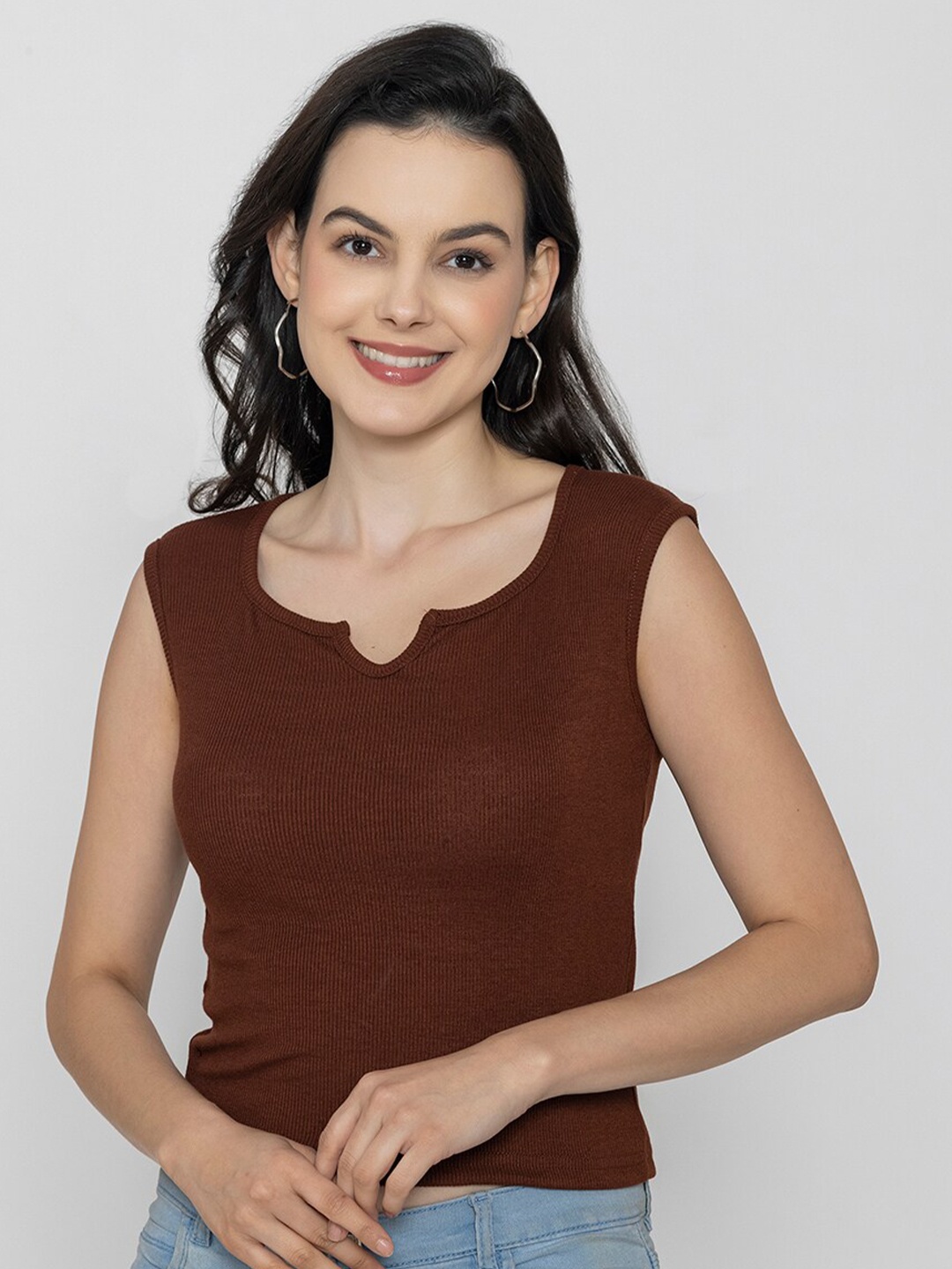 

Boleem Cotton Round Neck Sleeveless Opaque Casual Top, Brown