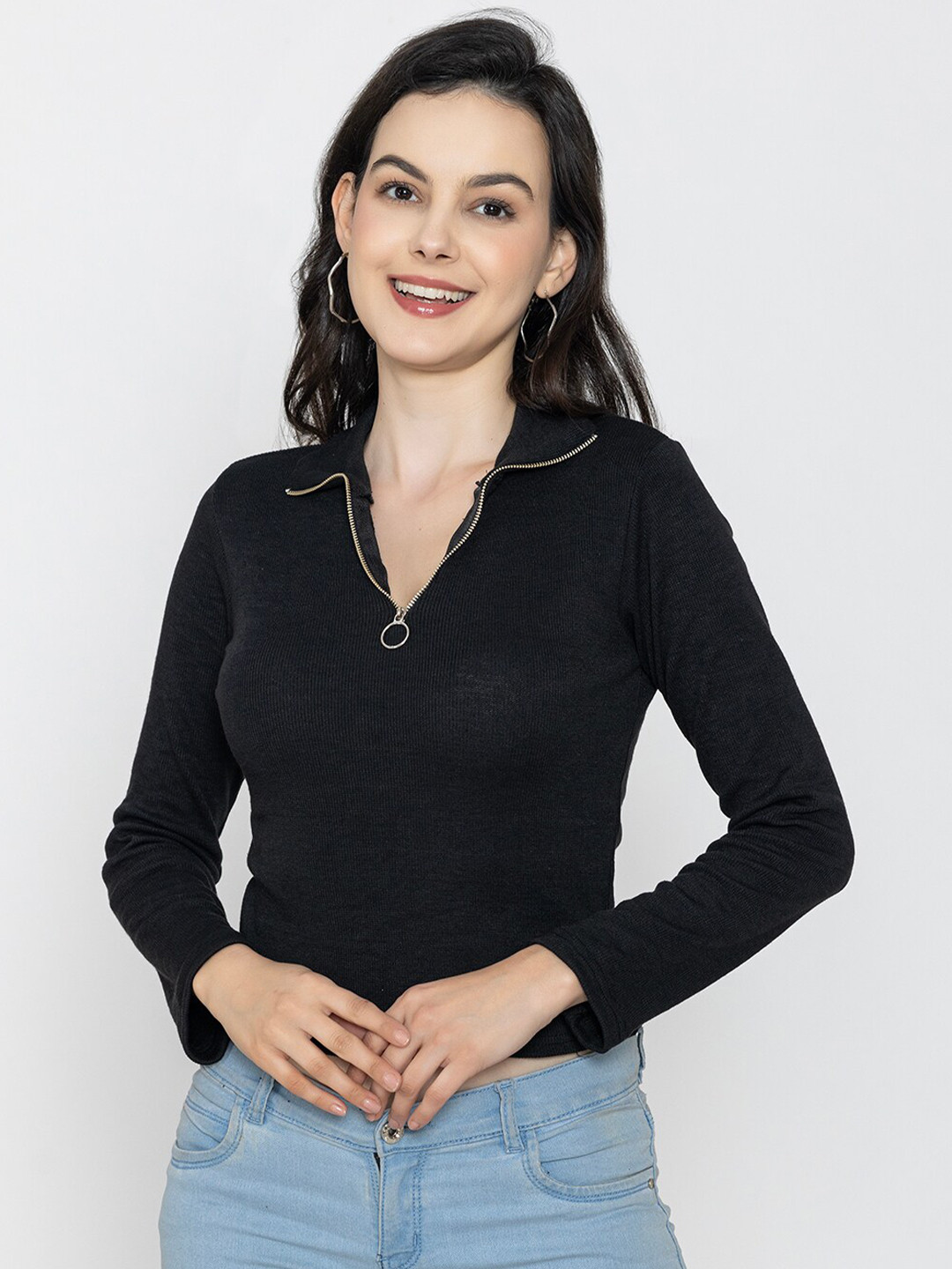 

Boleem Shirt Collar Cotton Crop Top, Black