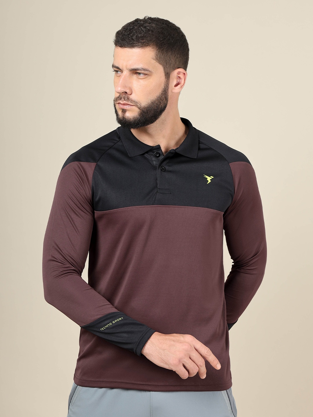 

Technosport Colourblocked Polo Collar Antimicrobial Slim Fit Active T-shirt, Burgundy