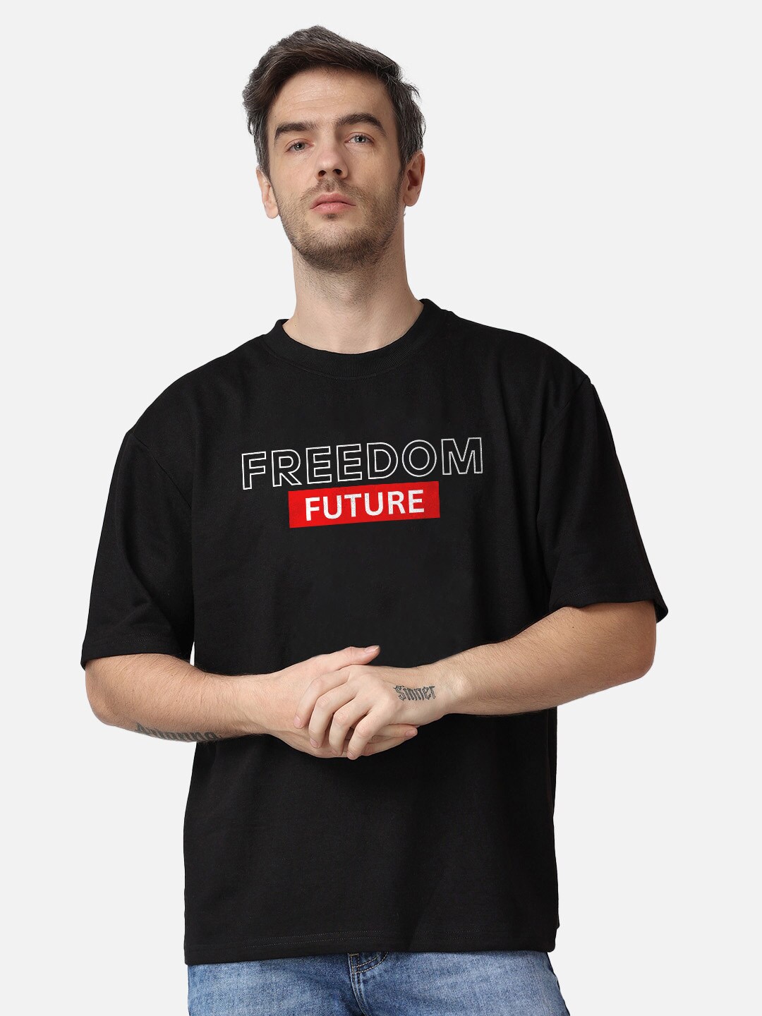 

The Label Bar Printed Round Neck Oversized T-shirt, Black