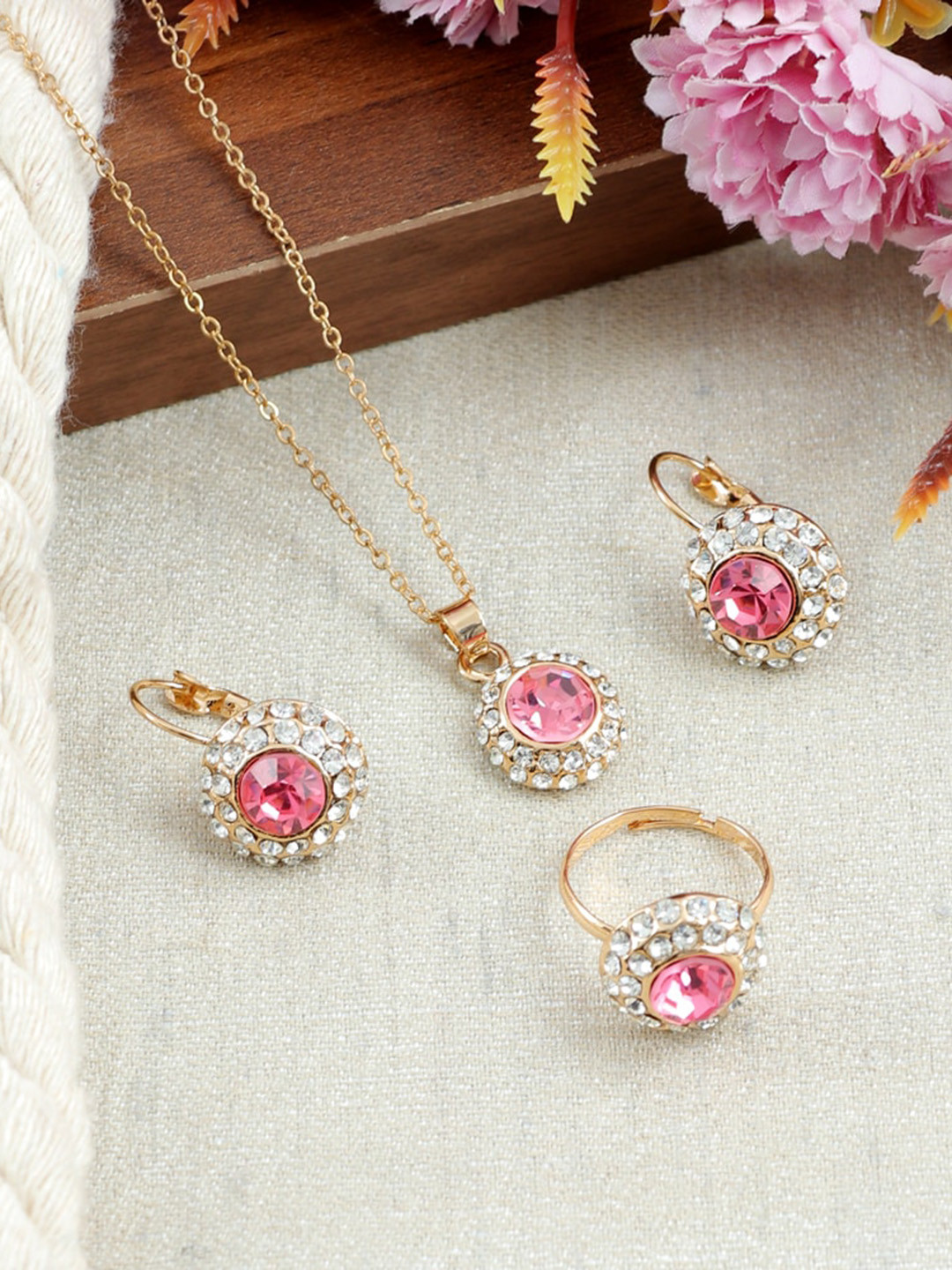 

UNIVERSITY TRENDZ Gold Plated & CZ Studded Jewellery Set, Pink