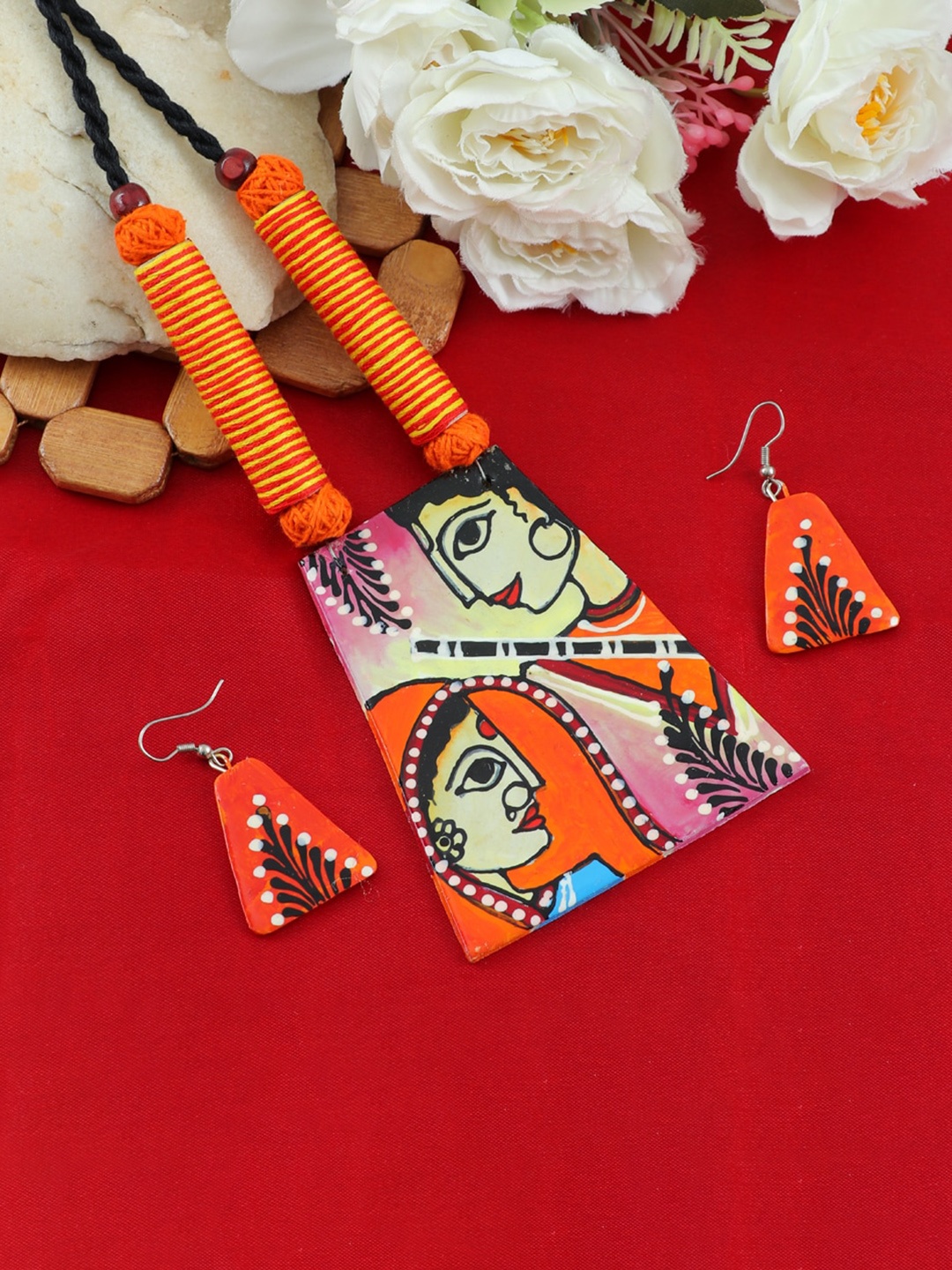 

UNIVERSITY TRENDZ Hand-Painted Shri Ram Sita Terracotta Jewellery Set, Orange
