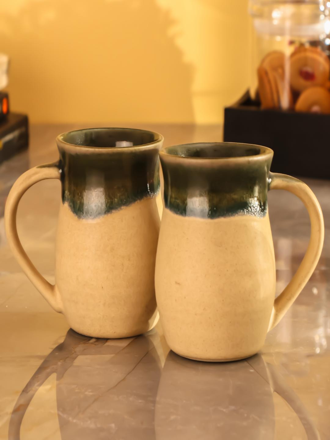

The Decor Mart Green & Beige 2 Pieces Printed Ceramic Glossy Mugs 400 ml Each