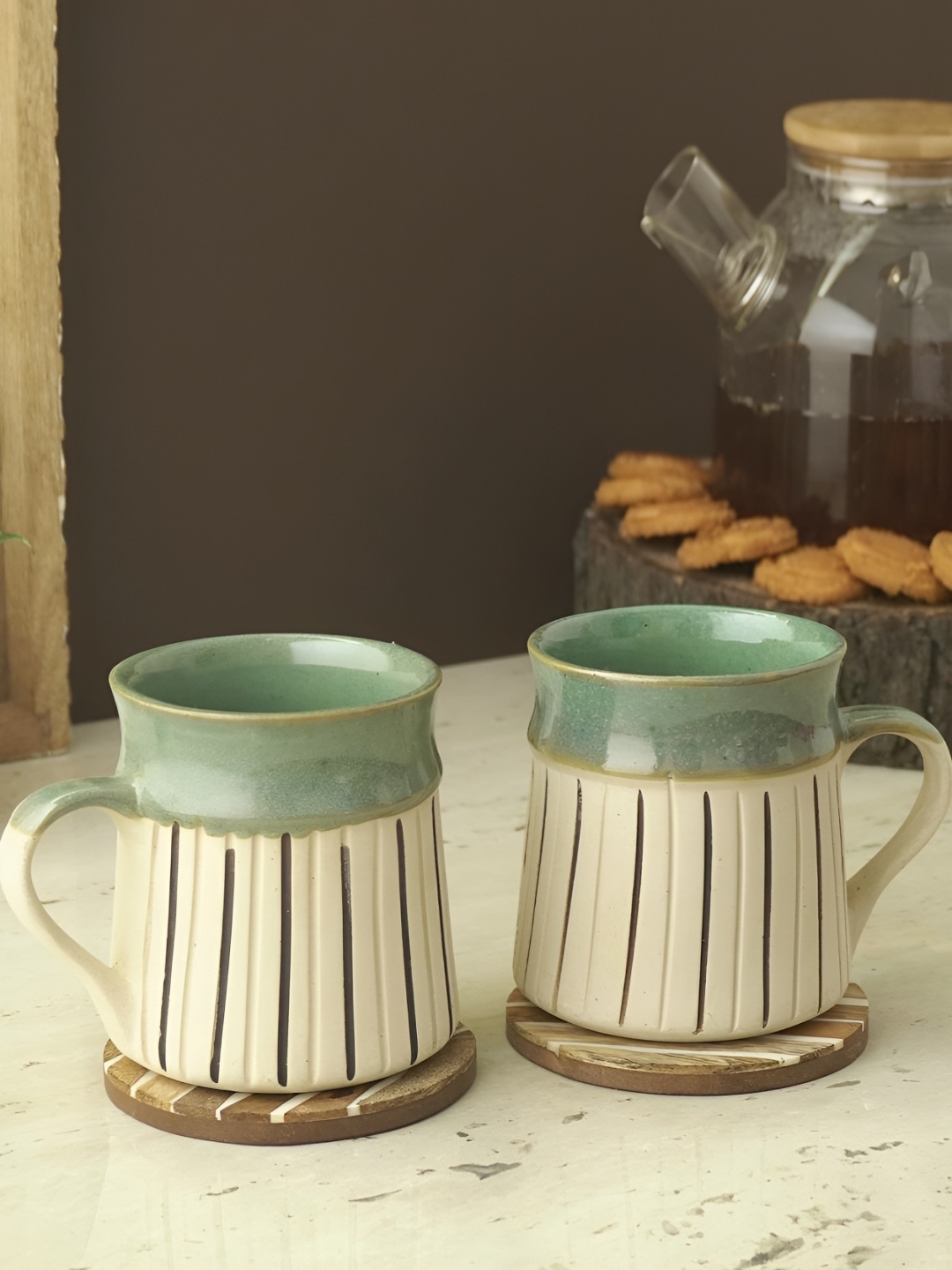 

The Decor Mart White & Green 2 Pieces Textured Ceramic Glossy Cups 200 ml