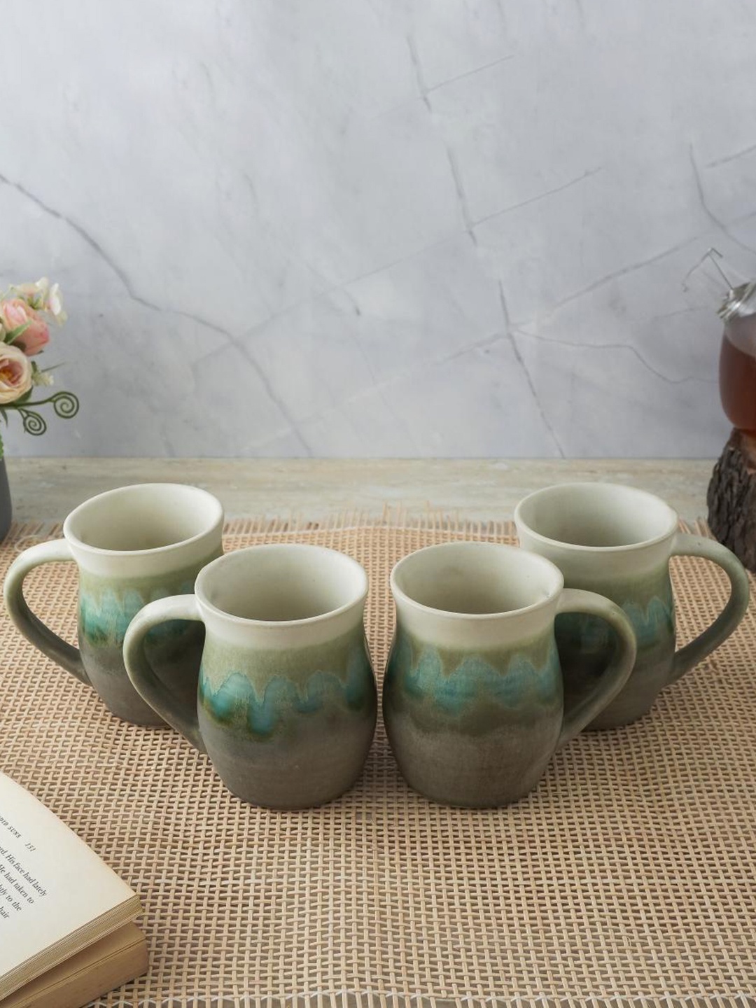 

The Decor Mart White & Green 4 Pieces Printed Ceramic Matte Mugs 400ml Each