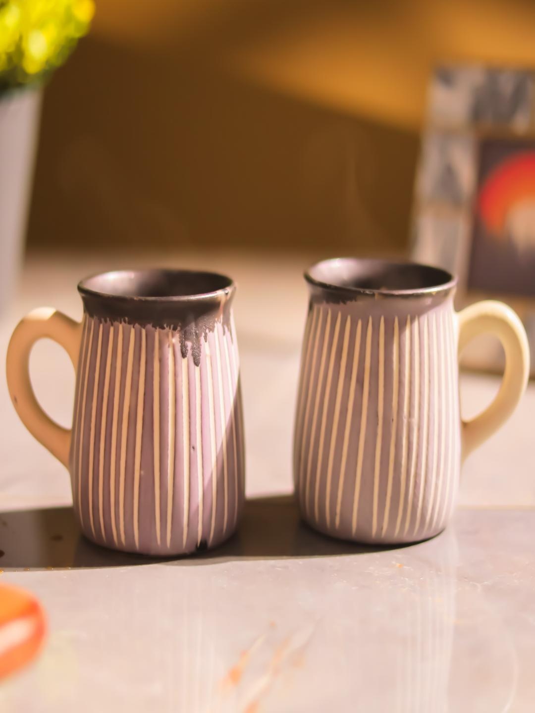 

The Decor Mart Cream & Grey 2 Pieces Textured Ceramic Glossy Mugs 400ml Each