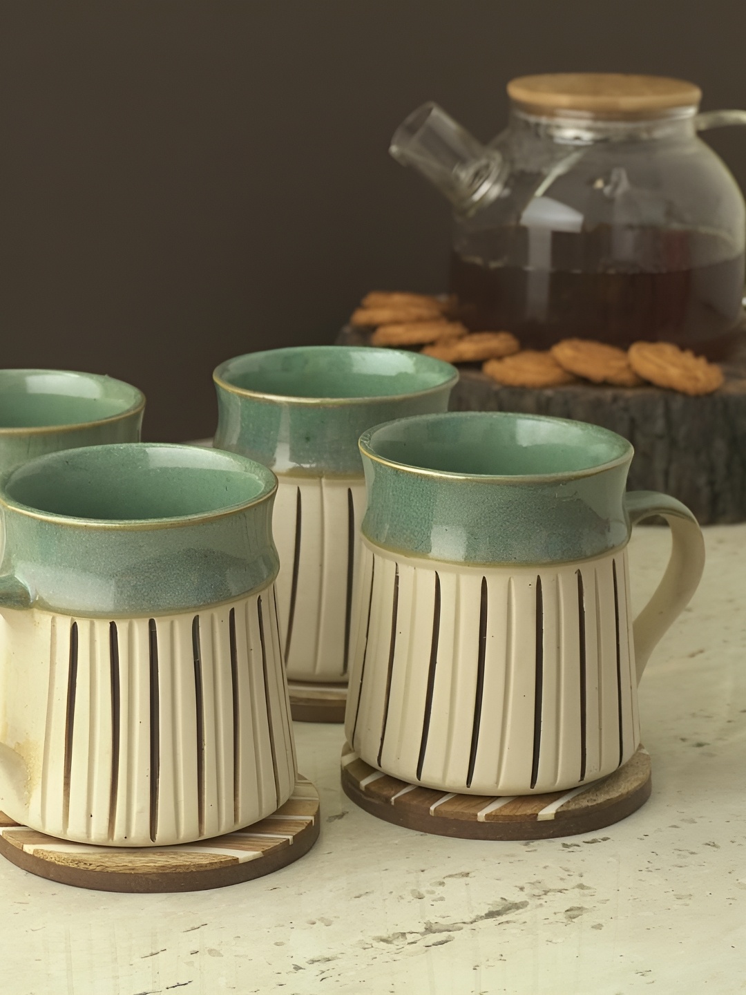 

The Decor Mart Cream-Coloured & Green 4 Pieces Textured Ceramic Glossy Cups 200 ml