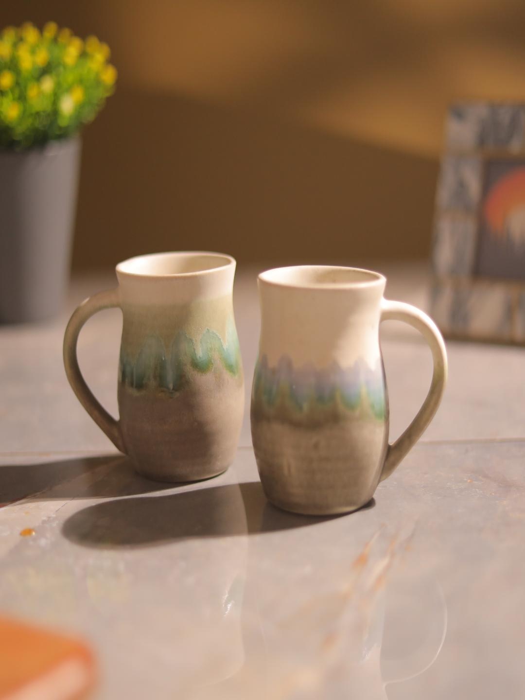 

The Decor Mart Beige & Green 2 Pieces Printed Ceramic Matte Mugs 400ml Each