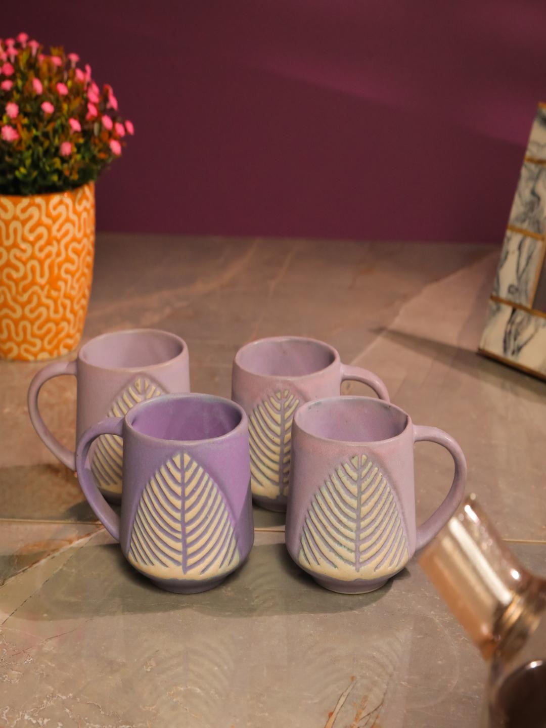 

The Decor Mart Purple & Beige 4 Pieces Textured Ceramic Matte Cups 200ml Each
