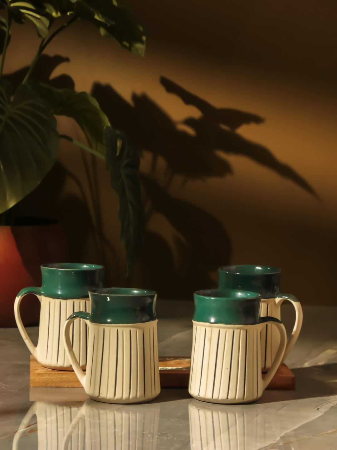

The Decor Mart Green & Cream 4 Pcs Striped Ceramic Glossy Mug