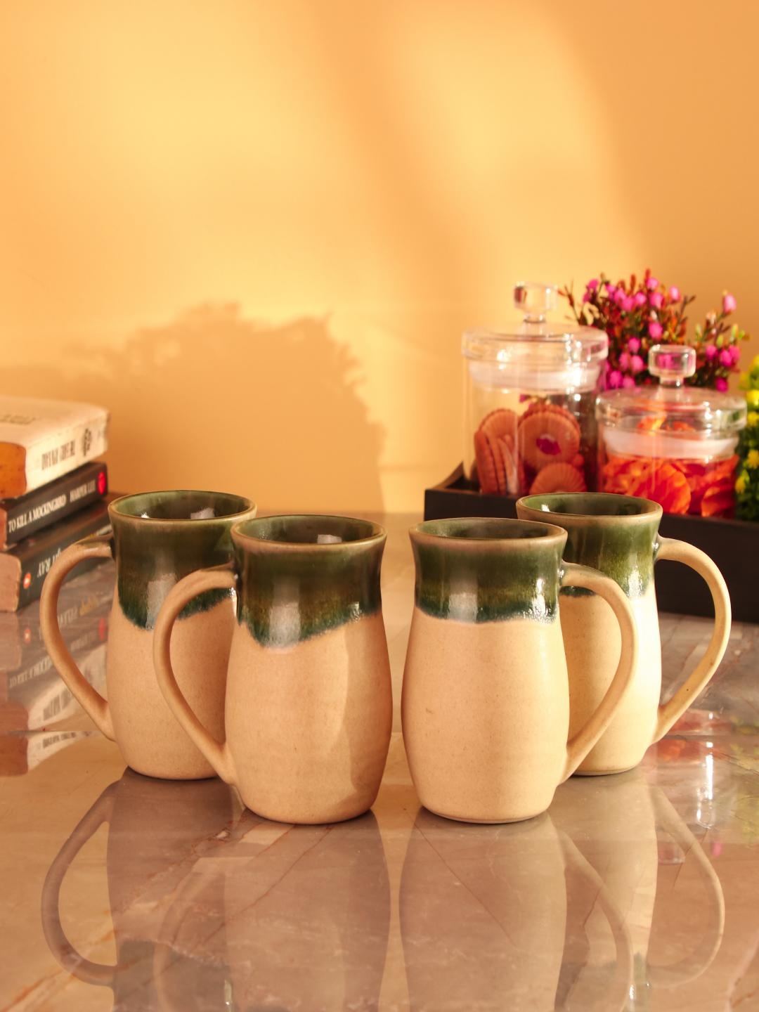 

The Decor Mart Green & Beige 4 Pieces Ceramic Glossy Mugs 400ml Each