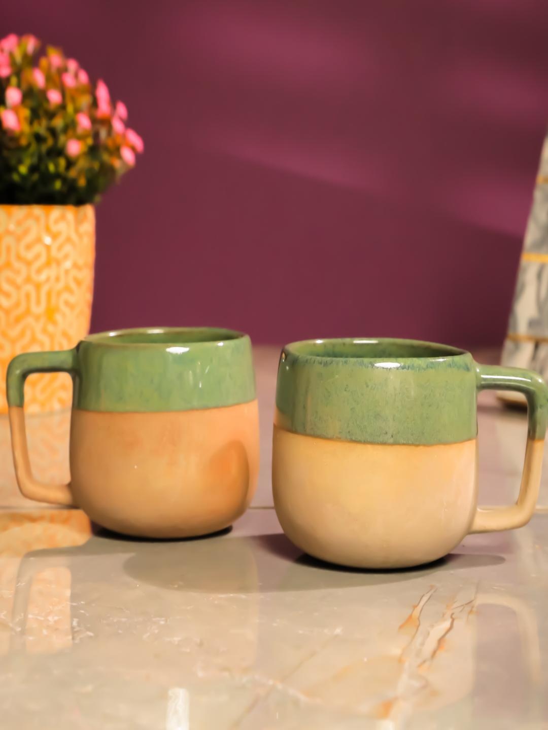The Decor Mart Green & Beige 2 Pieces Printed Ceramic Glossy Mugs 200 ml Each