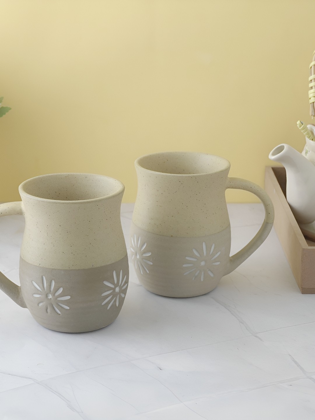 

The Decor Mart Beige 2 Pieces Textured Ceramic Glossy Mugs 300 ml