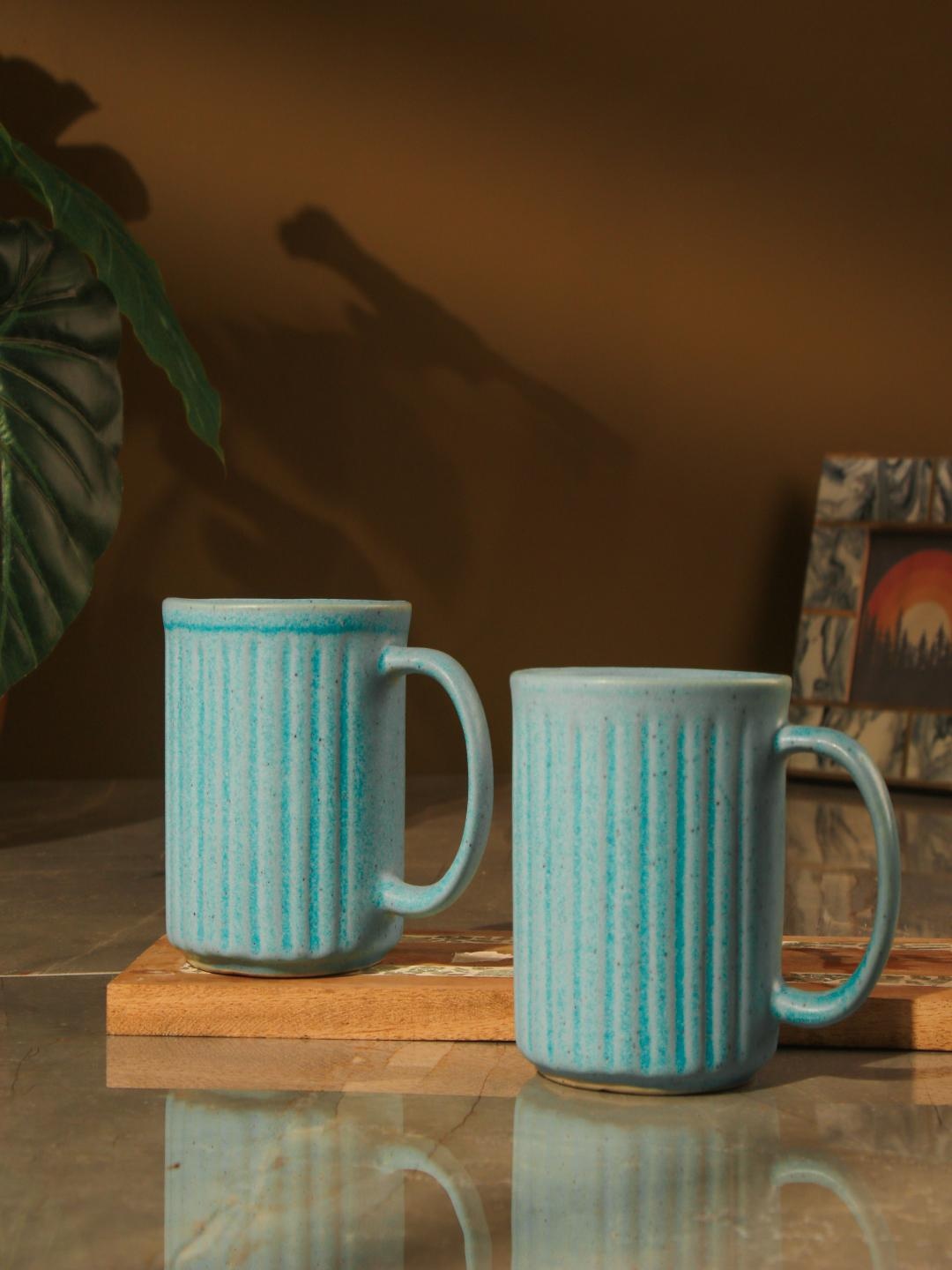 The Decor Mart Blue 2 Pcs Striped Ceramic Coffee Mugs 400 ml