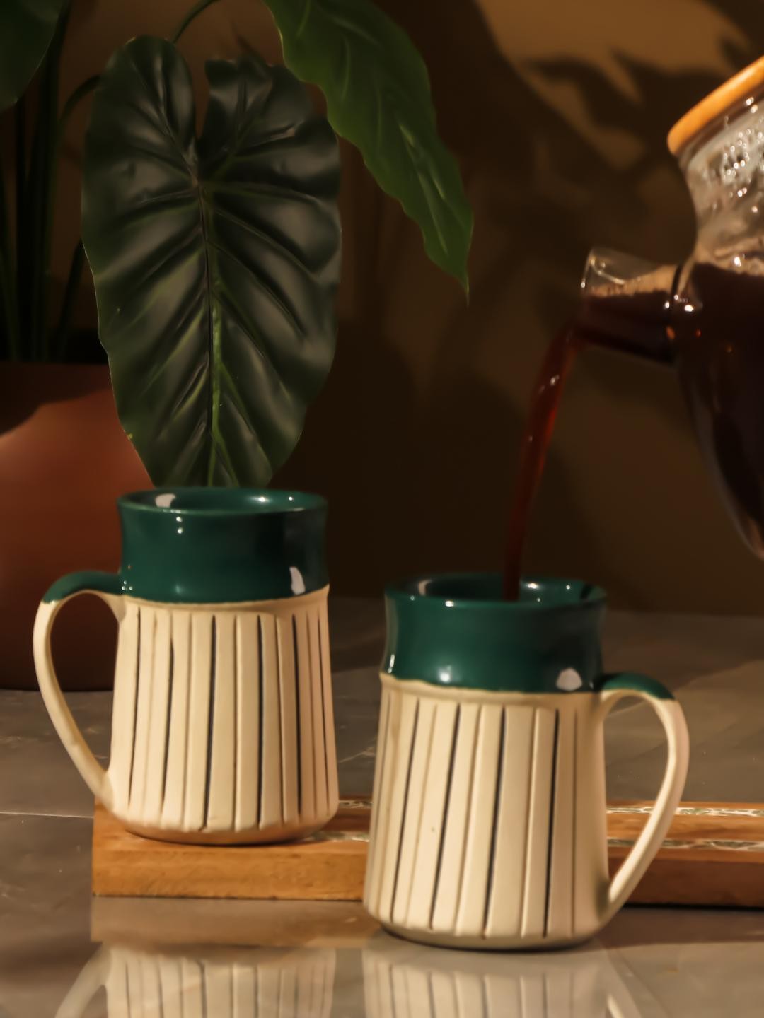 

The Decor Mart Green & Off White 2 Pieces Textured Ceramic Glossy Mugs 500 ml Each