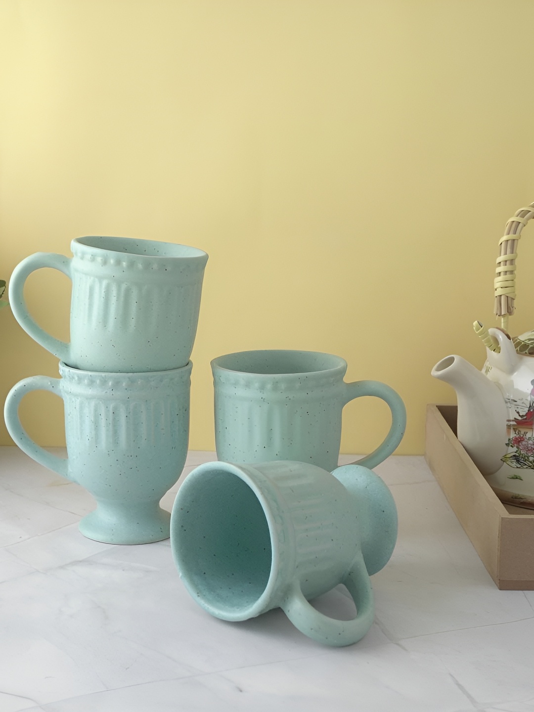 

The Decor Mart Green 4 Pieces Textured Ceramic Matte Mugs 300ml Each