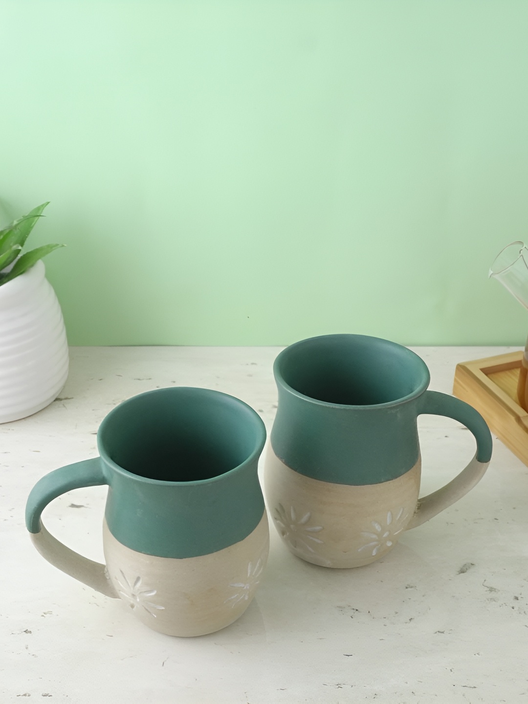 

The Decor Mart Green & Beige 2 Pieces Ethnic Motifs Ceramic Matte Mugs 300ml Each