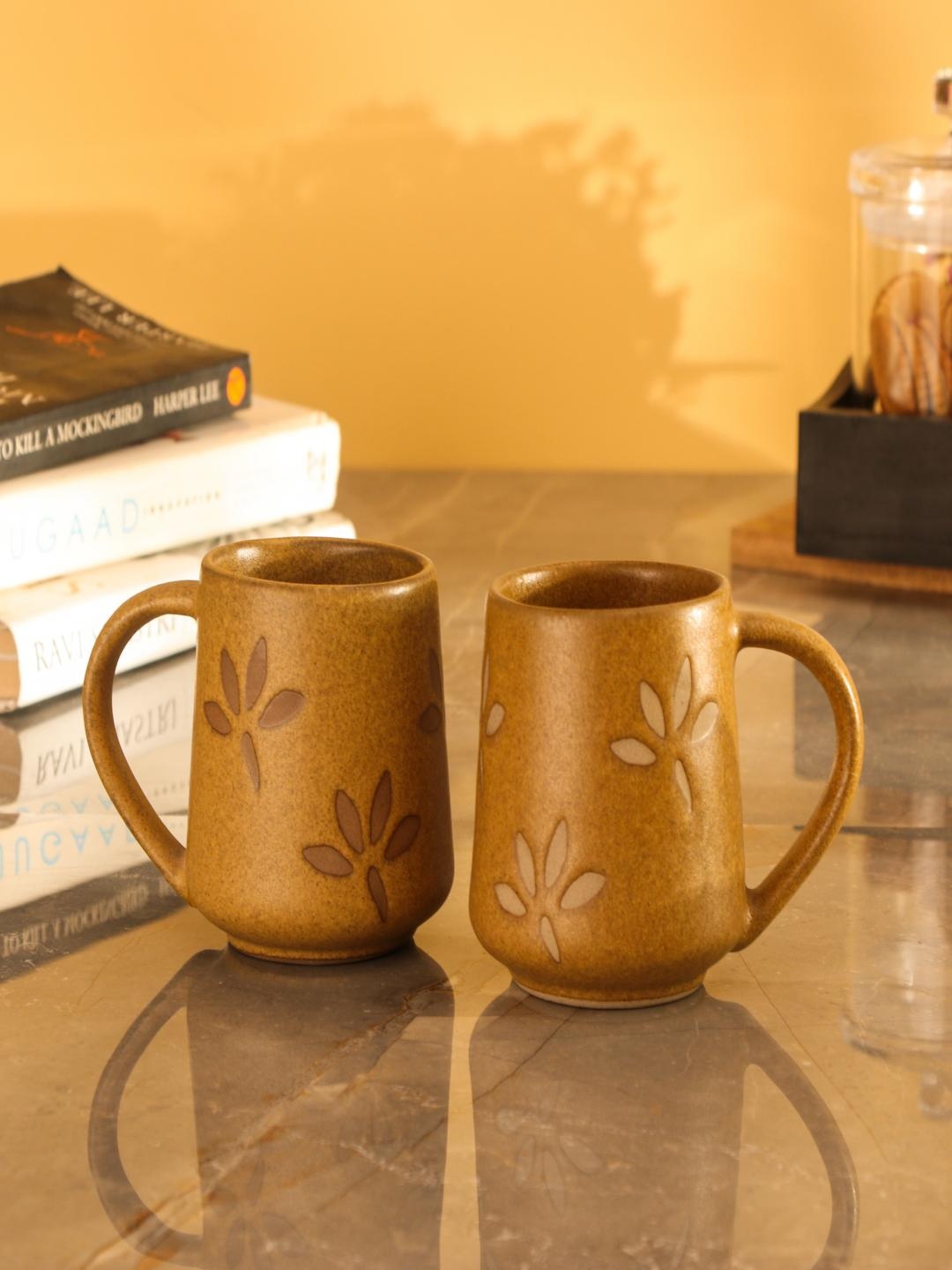 

The Decor Mart Beige 2 Pieces Ethnic Motifs Ceramic Glossy Mugs 400ml Each