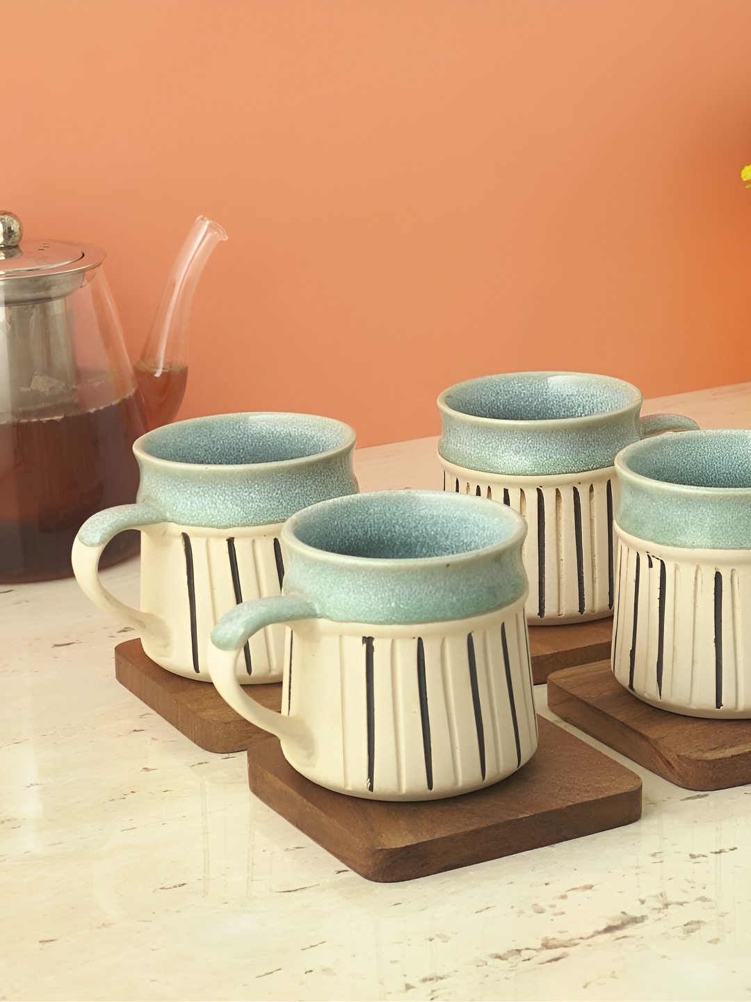 

The Decor Mart Blue & Beige 4 Pieces Textured Ceramic Glossy Mugs 500 ml Each