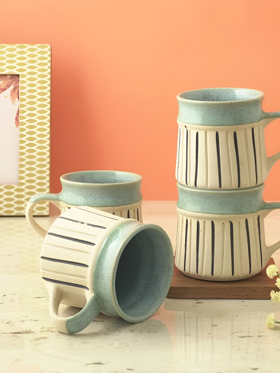 

The Decor Mart Blue & Beige 2 Pieces Textured Ceramic Glossy Mugs 500 ml
