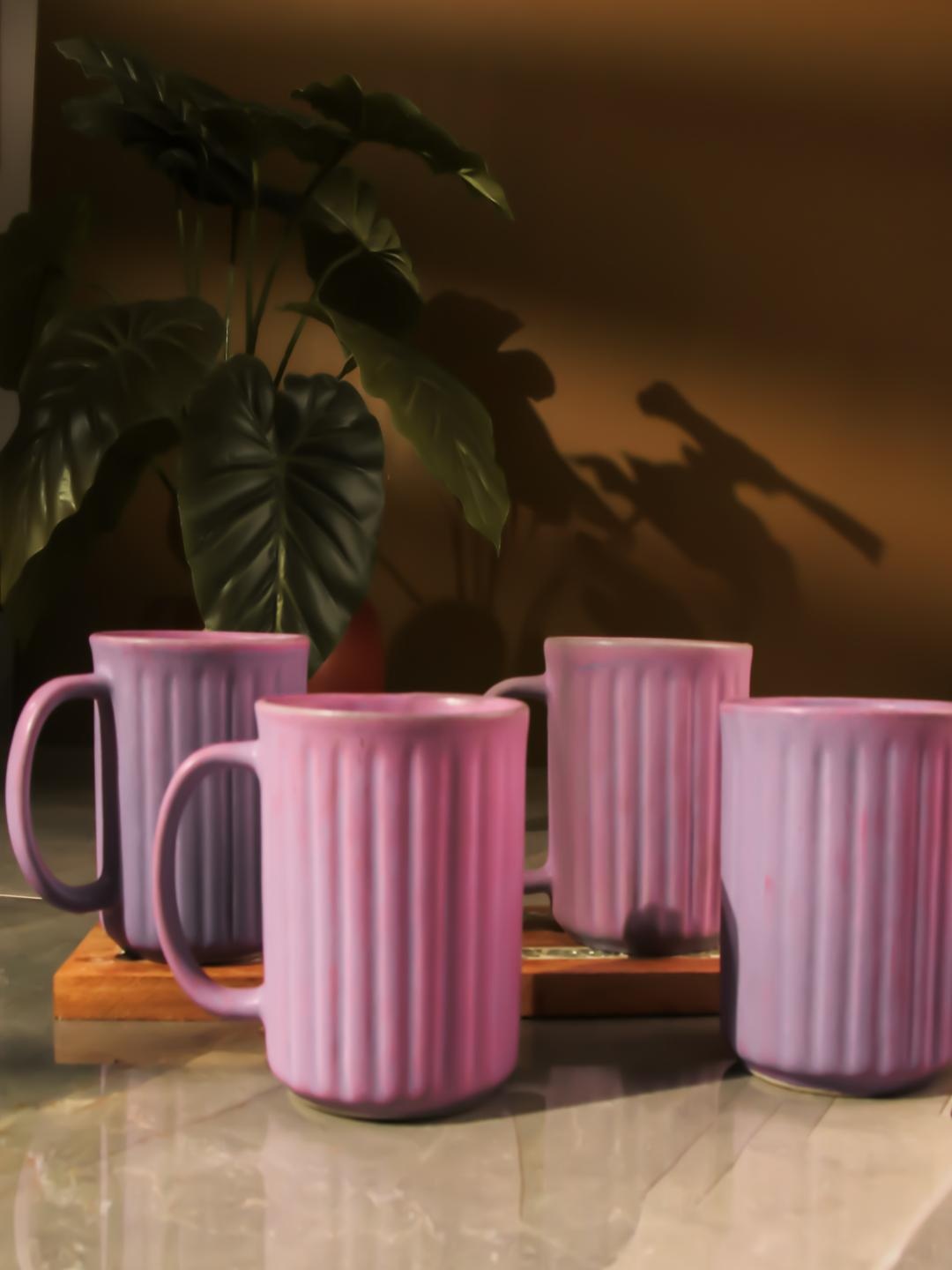 

The Decor Mart Purple 4 Pcs Striped Ceramic Coffee Mugs 400 ml