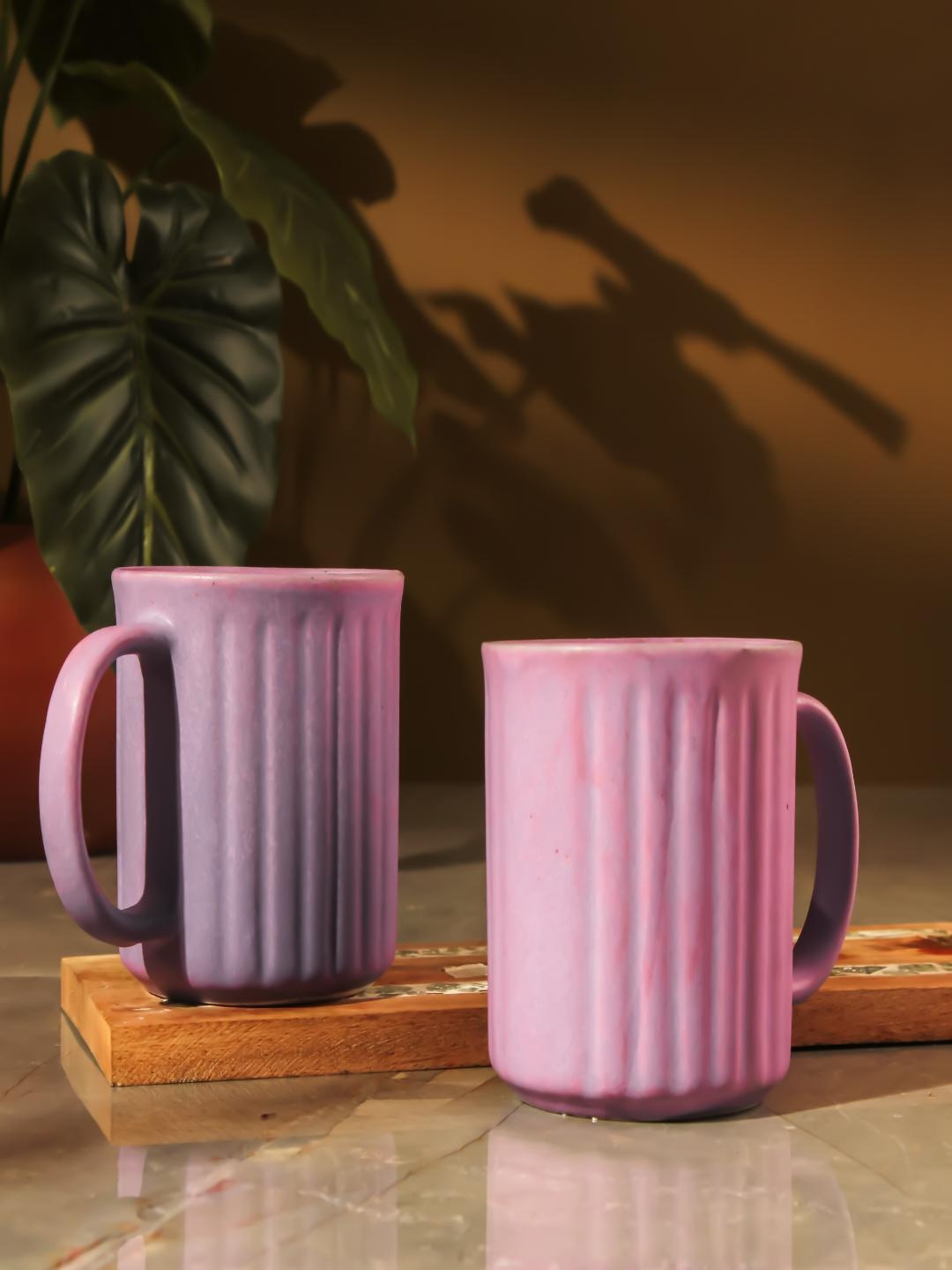 

The Decor Mart Purple 2 Pieces Striped Textured Ceramic Matte Mugs 400 ml Each