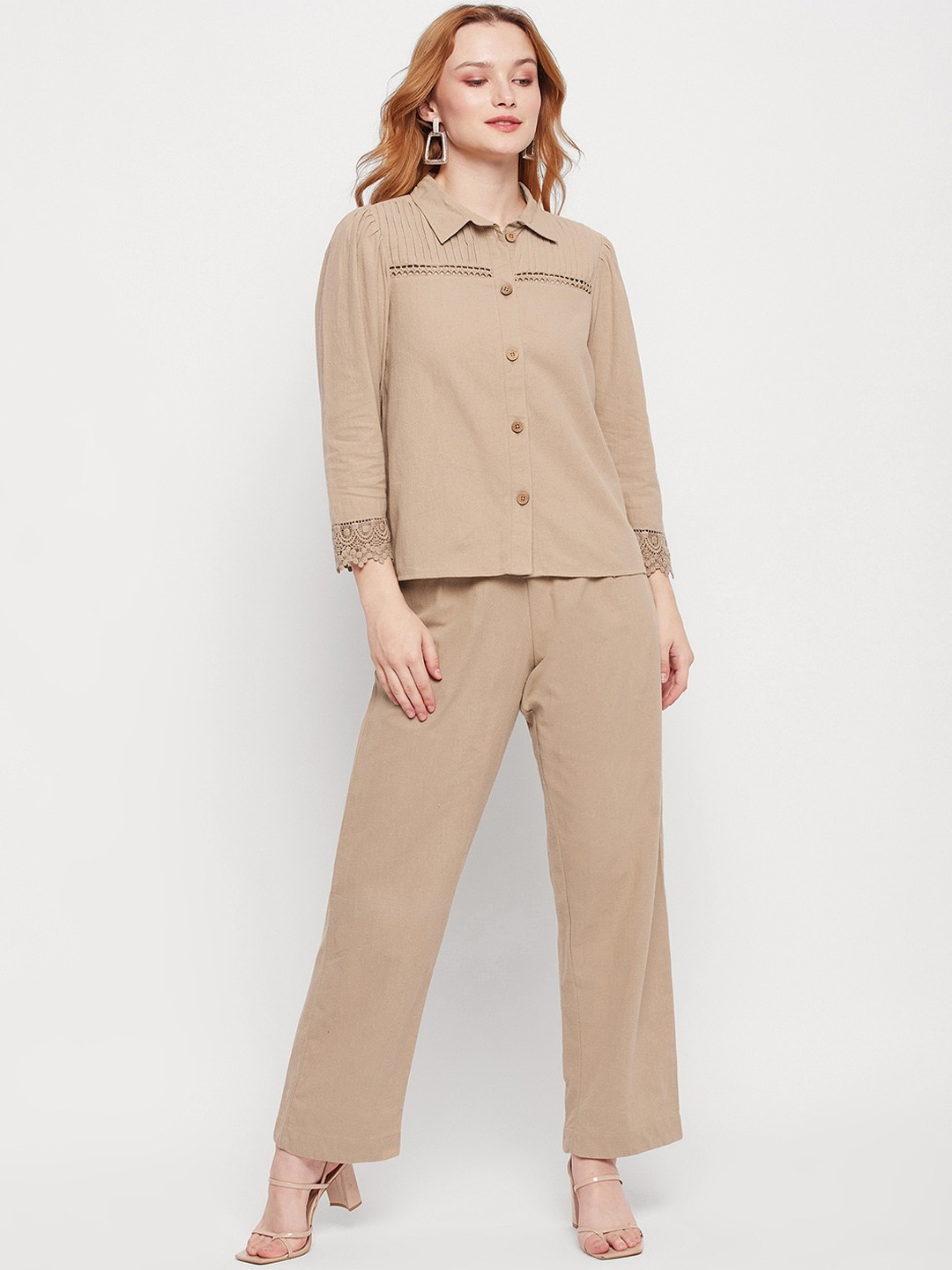

DELAN Three-Quarter Sleeves Pure Cotton Shirt With Trousers, Beige