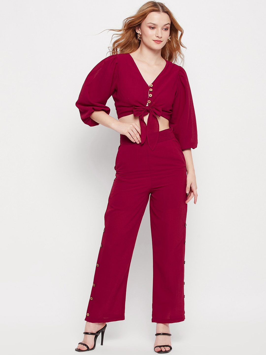 

DELAN V-Neck Crop Top With Trousers, Maroon