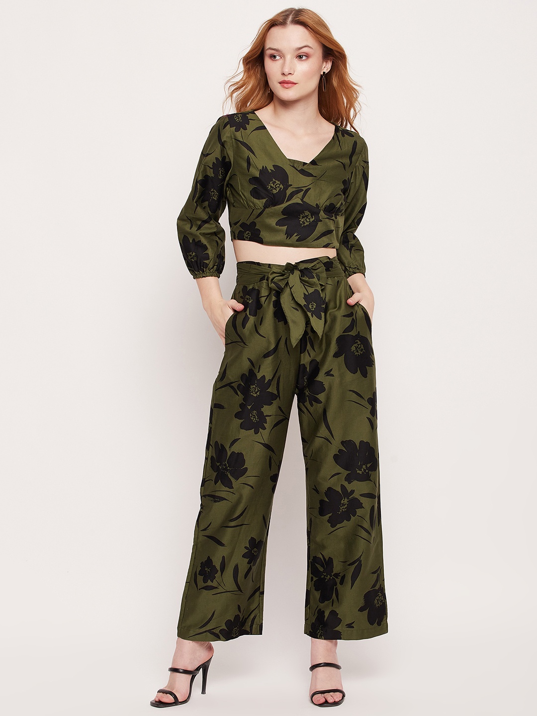 

DELAN Floral Printed Crop Top With Trousers, Olive