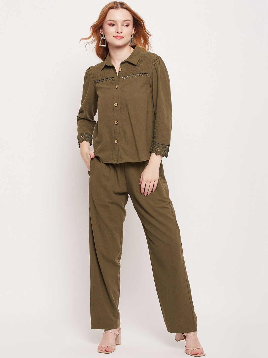 

DELAN Shirt Collar Pure Cotton Shirt & Trousers, Olive