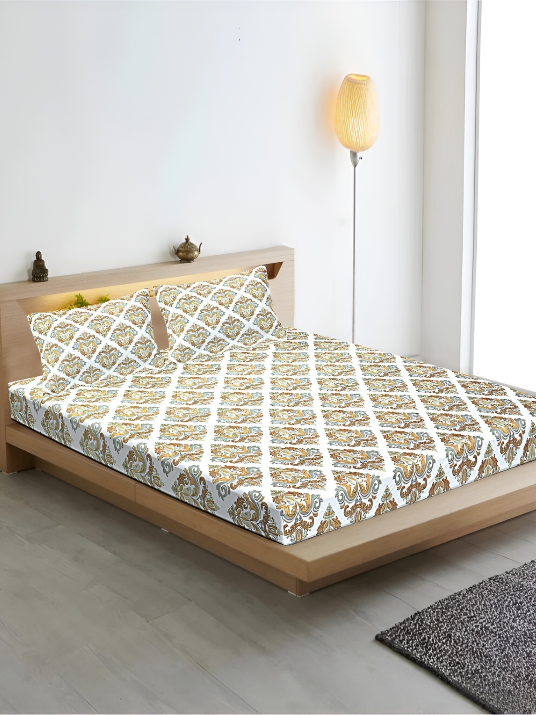 

INDHOME LIFE Orange Ethnic Motifs 210 TC Cotton Fitted Queen Bedsheet with 2 Pillow Covers