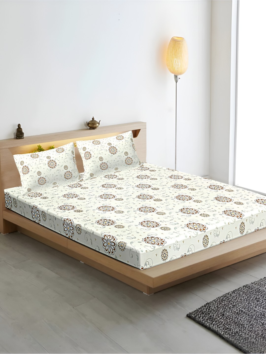 

INDHOME LIFE Off White Floral 210 TC Cotton Fitted Queen Bedsheet with 2 Pillow Covers