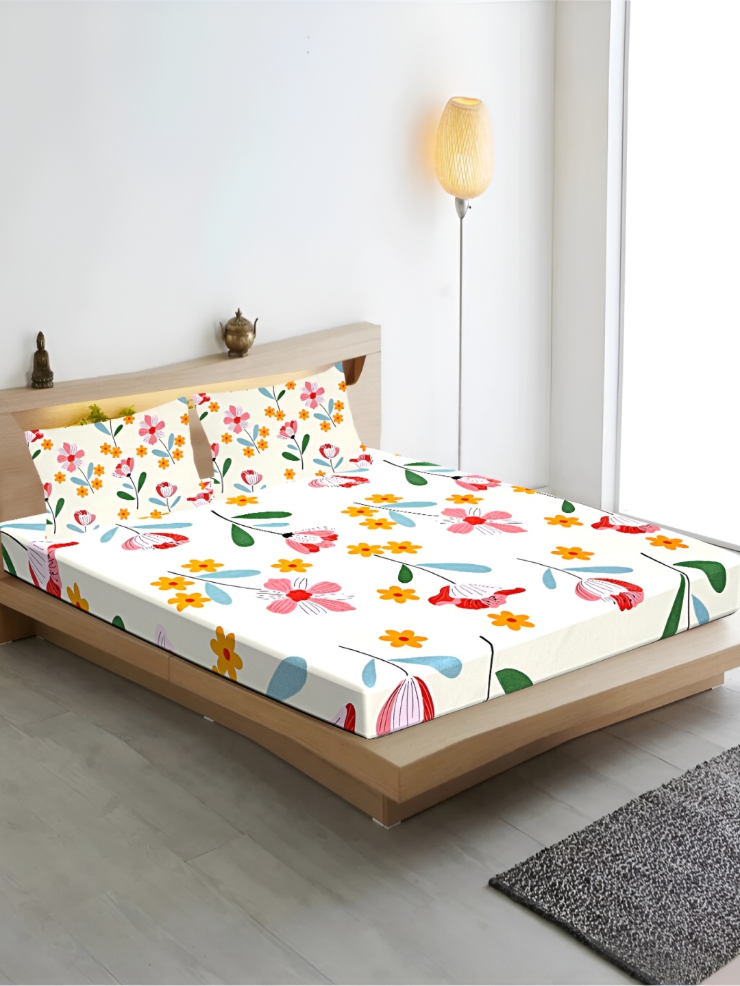 

INDHOME LIFE Cream Floral 210 TC Cotton Fitted Queen Bedsheet with 2 Pillow Covers