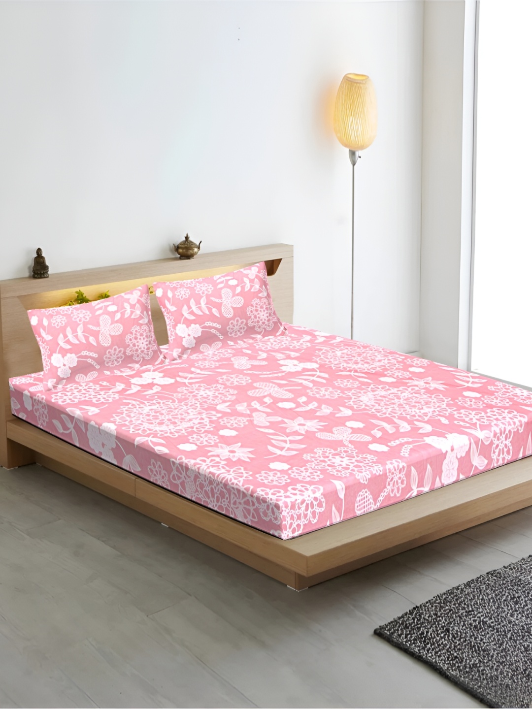 

INDHOME LIFE Pink & White Floral 210 TC Cotton Fitted Queen Bedsheet with 2 Pillow Covers