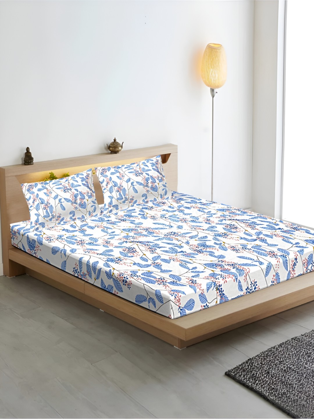 

INDHOME LIFE White Floral 210 TC Cotton Fitted Queen Bedsheet with 2 Pillow Covers, Blue