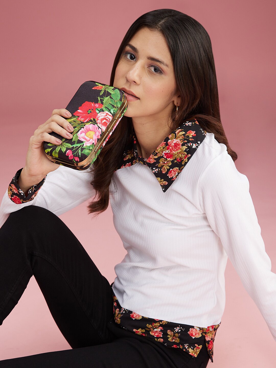 

DressBerry White Floral Printed Shirt Collar Bell Sleeve Crop Top