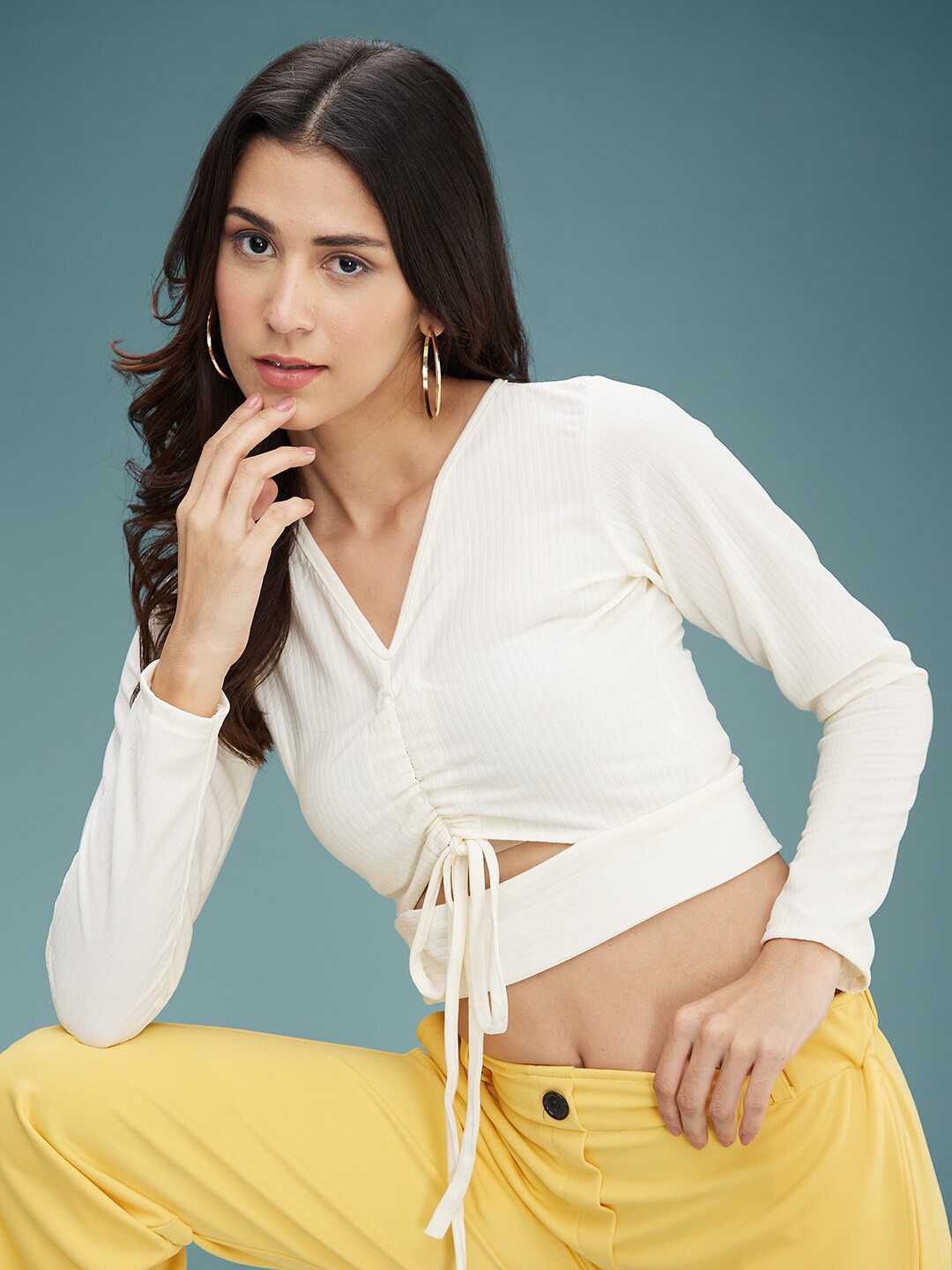 

DressBerry Cream V-Neck Gathered Crop Top, Off white