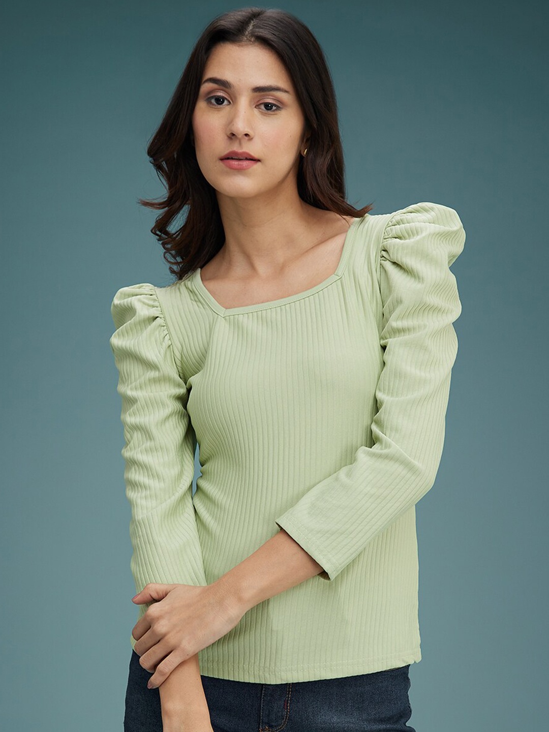 

DressBerry Sea Green Self Design Puff Sleeves Top