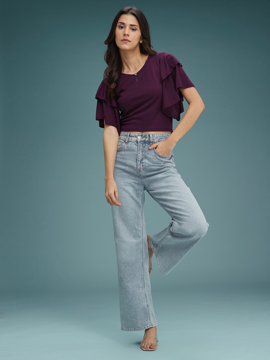 

DressBerry Purple V-Neck Flutter Sleeve Crop Top