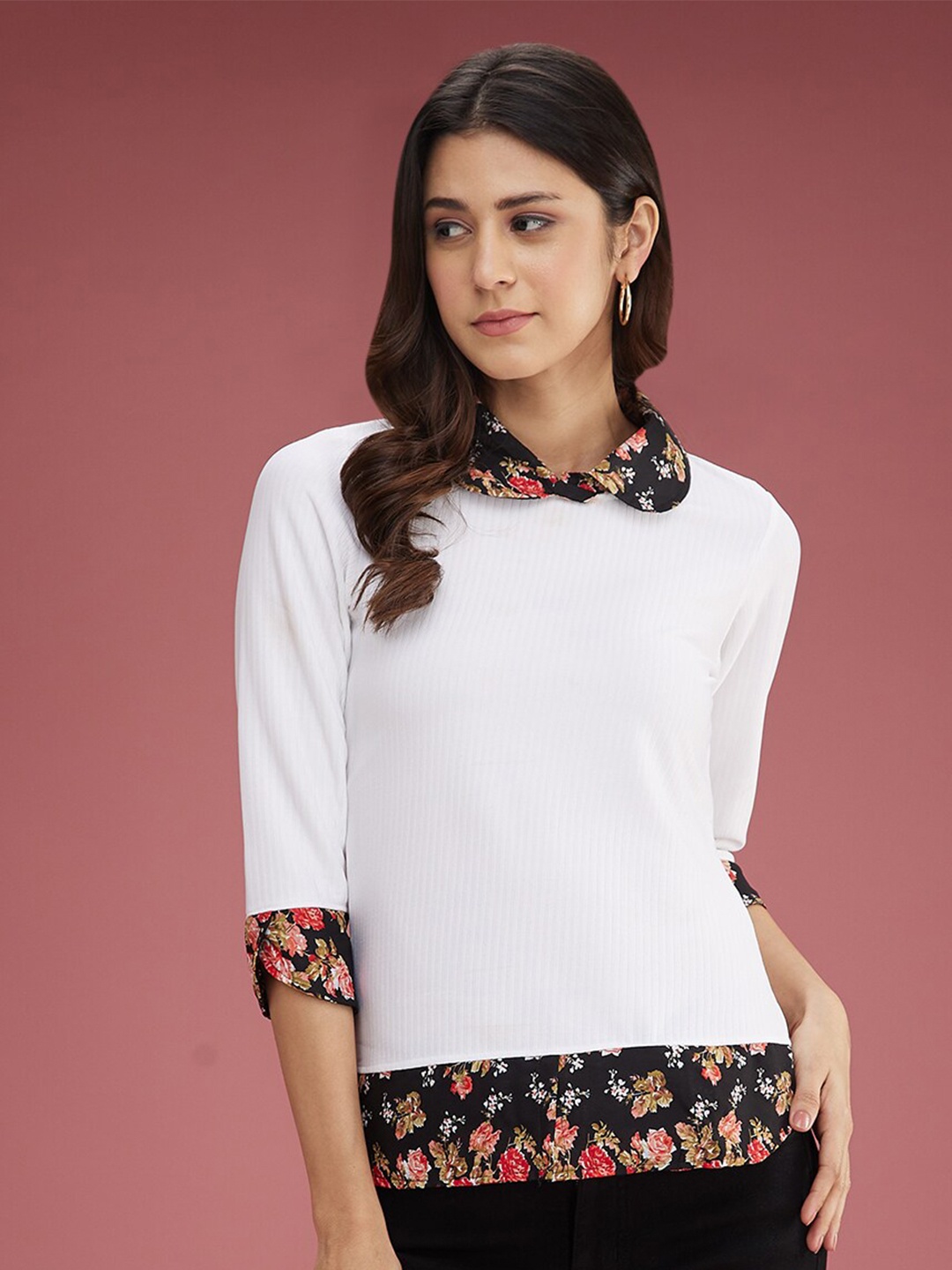 

DressBerry White Self Design Peter Pan Collar Top