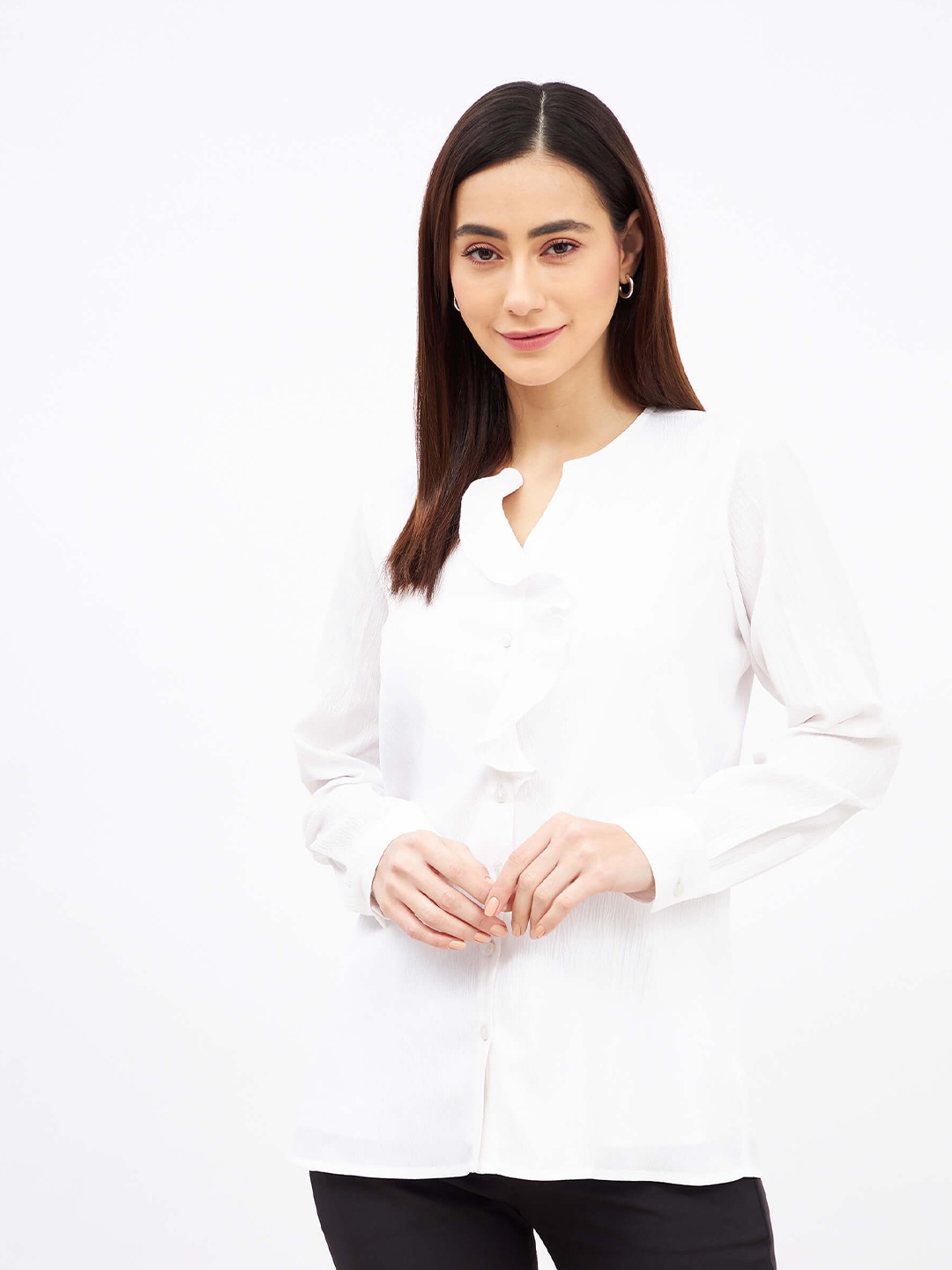 

SALT ATTIRE Round Neck Long Sleeves Ruffles Top, White