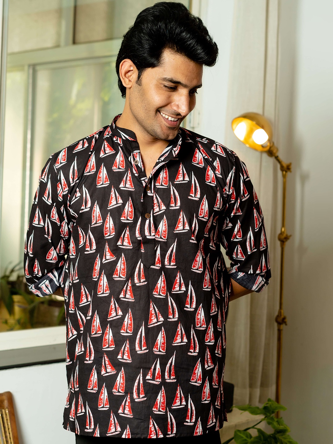 

Shasak Boat Printed Mandarin Collar Pure Cotton Short Kurta, Black