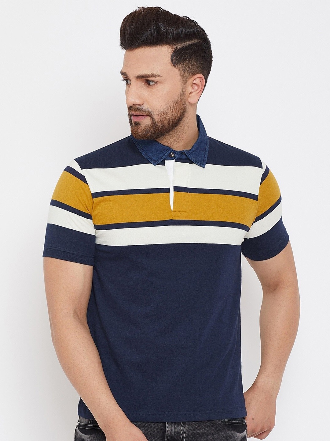 

HARBOR N BAY Striped Polo Collar Cotton T-shirt, Navy blue