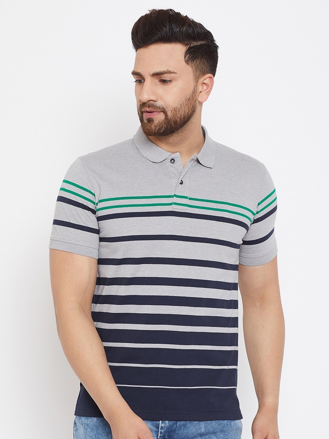 

HARBOR N BAY Striped Polo Collar Cotton T-shirt, Grey