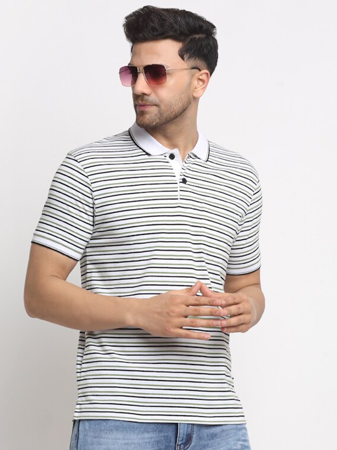 

HARBOR N BAY Striped Printed Polo Collar Cotton Casual T-shirt, Cream