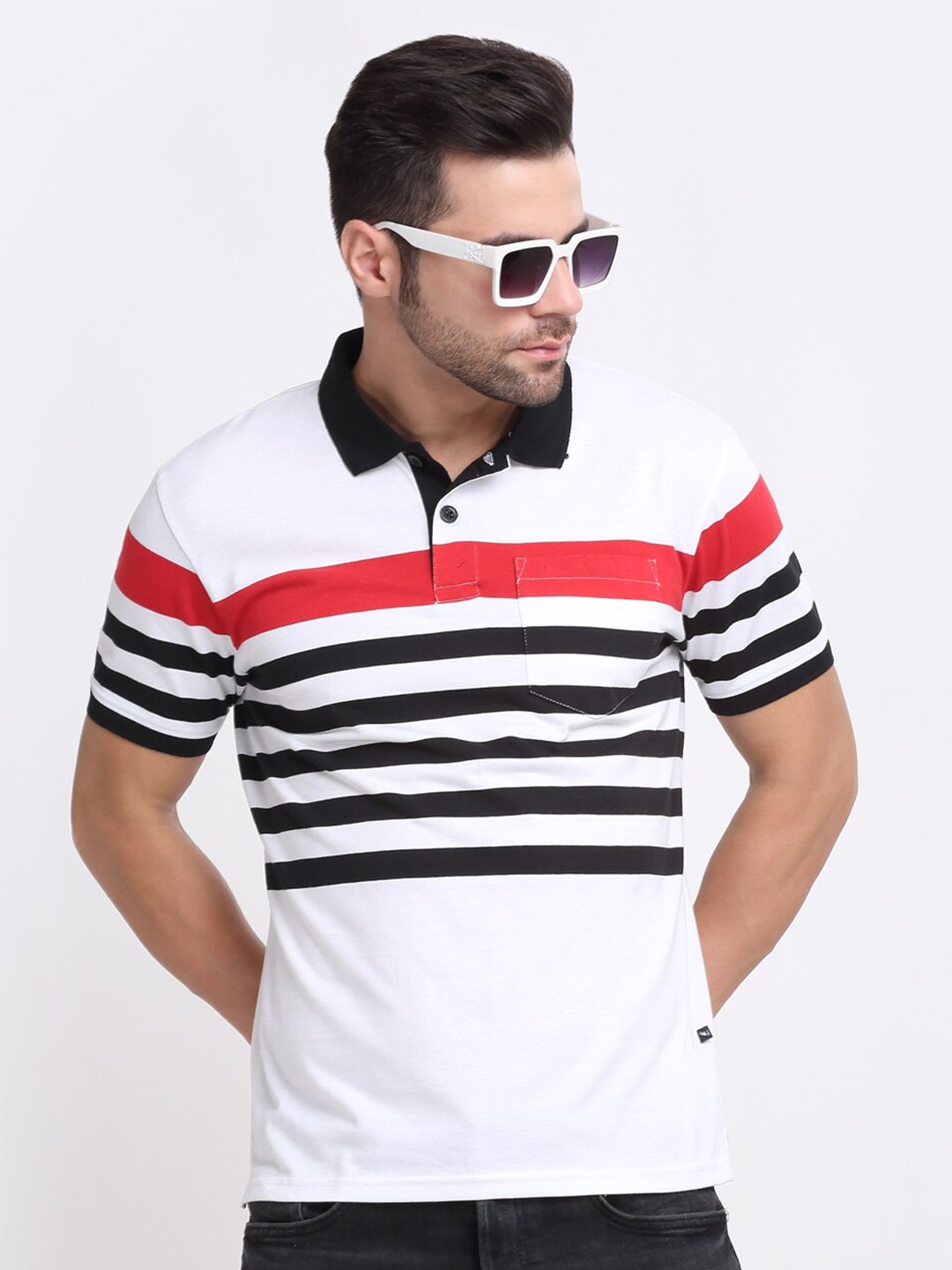 

HARBOR N BAY Striped Polo Collar Cotton T-shirt, White
