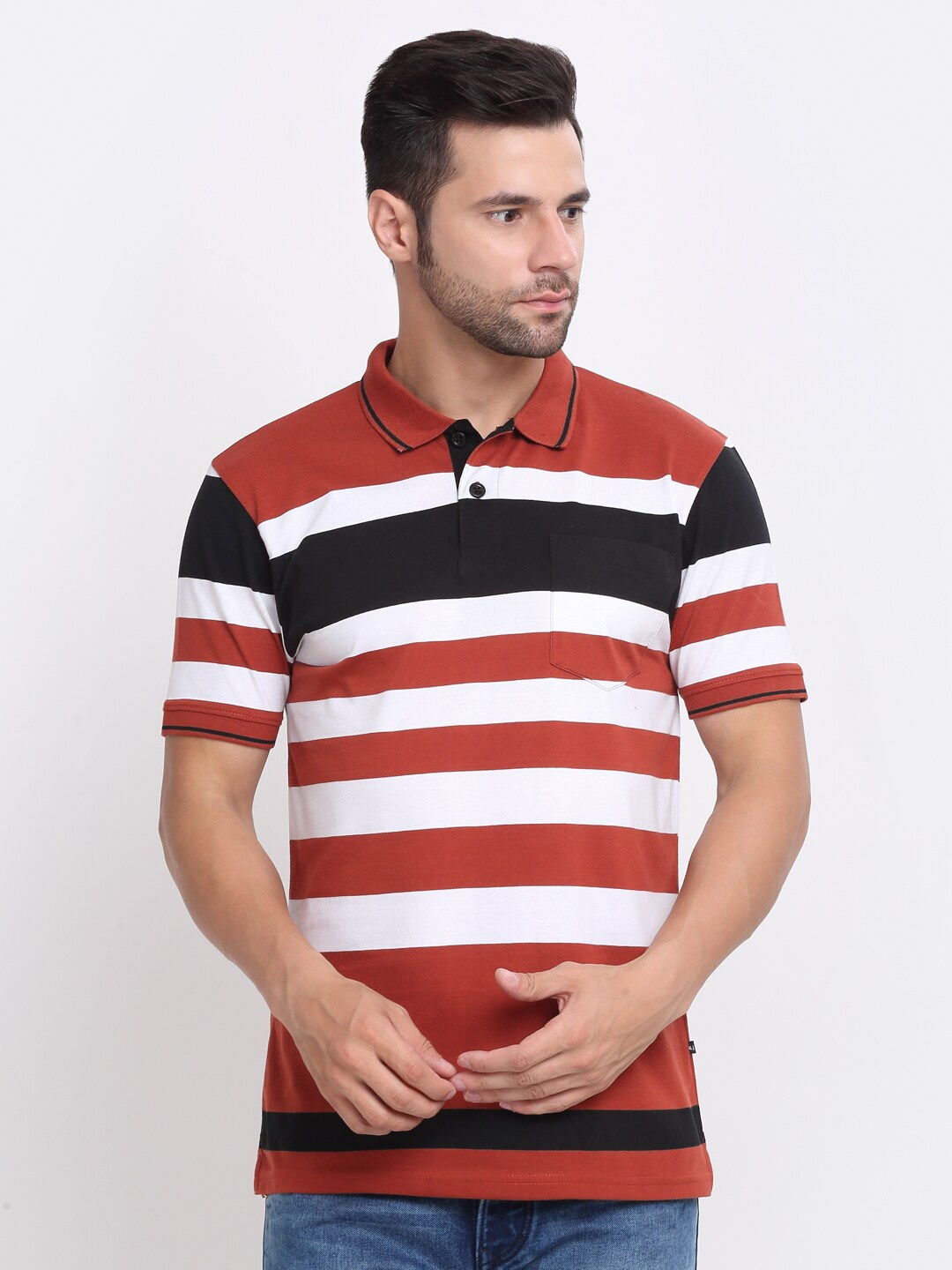 

HARBOR N BAY Striped Polo Collar Cotton T-shirt, Brown