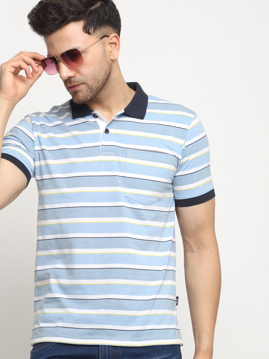 

HARBOR N BAY Striped Printed Polo Collar Cotton Casual T-shirt, Blue