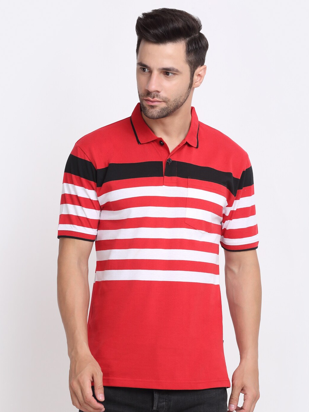 

HARBOR N BAY Striped Printed Polo Collar Cotton Casual T-shirt, Red